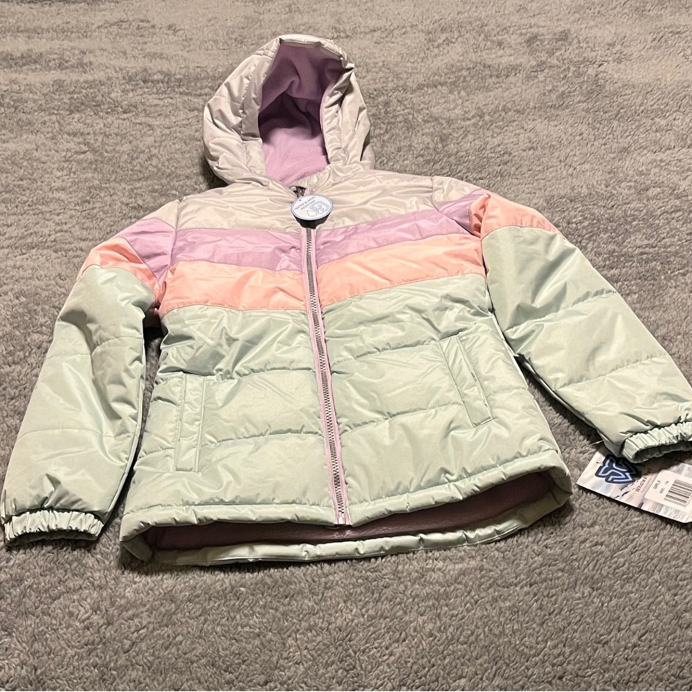 Pastel Stripe Hooded Puffer Jacket for Kids mint green, purple pink Size 7/8 NWT
